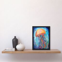 Artery8 Jellyfish With Aquatic Plants Folk Art Watercolour Painting Artwork Framed Wall Art Print A4 in Black - thumbnail 2