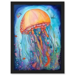 Artery8 Jellyfish With Aquatic Plants Folk Art Watercolour Painting Artwork Framed Wall Art Print A4 in Black - thumbnail 1