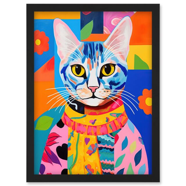 Artery8 Wall Art Print The Cat in the Caftan Artwork Bold Bright Vibrant Modern Folk Art Acrylic Painting Kids Floral Pattern Artwork Framed A4 - image 1