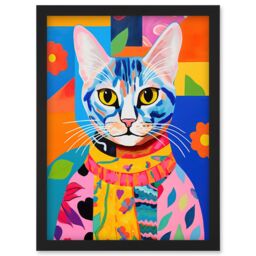 Artery8 Wall Art Print The Cat in the Caftan Artwork Bold Bright Vibrant Modern Folk Art Acrylic Painting Kids Floral Pattern Artwork Framed A4 - thumbnail 1