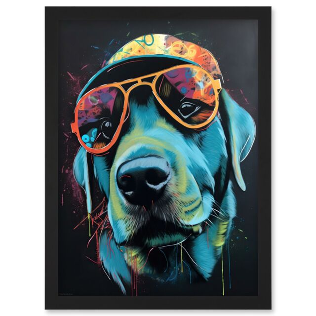 Artery8 Labrador Retriever with Sunglasses & Hat Artwork Framed Wall Art Print A4 in Black - image 1
