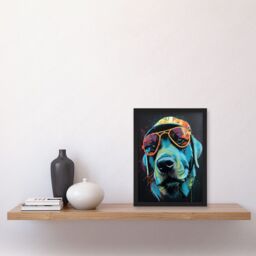 Artery8 Labrador Retriever with Sunglasses & Hat Artwork Framed Wall Art Print A4 in Black - thumbnail 2