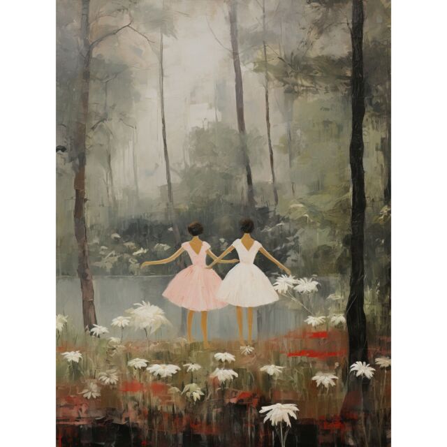 "Artery8 Wall Art Print Forest Ballet Oil Painting Kids Bedroom Ballerinas Gracefully Dancing by a Lake Poster in Grey - Size: W12"" x H16""" - image 1