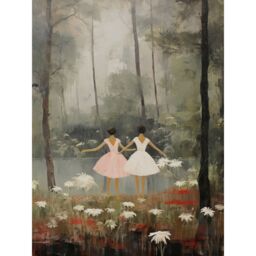 "Artery8 Wall Art Print Forest Ballet Oil Painting Kids Bedroom Ballerinas Gracefully Dancing by a Lake Poster in Grey - Size: W12"" x H16""" - thumbnail 1