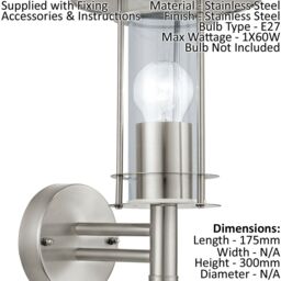 Loops 2 PACK IP44 Outdoor Wall Light Stainless Steel & Glass Shade 60W E27 Porch in Metallics - thumbnail 2