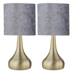 First Choice Lighting Set of 2 Romana - Antique Brass Touch Table Lamps Crushed Velvet Shade in Bronze
