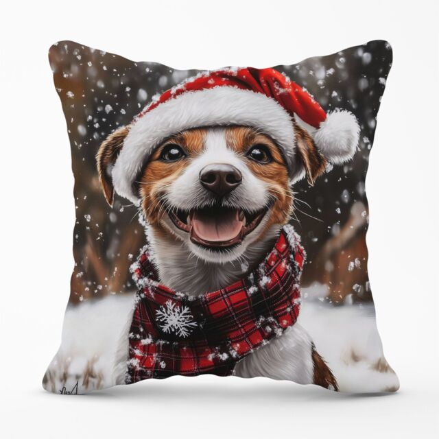 Warren Reed - Designer Snowy Christmas Jack Russell Cushion in Brown - Size: 60 cm x 60 cm - image 1