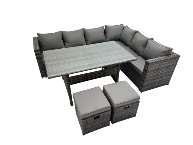 Fimous 8 Seater Patio Dining Corner Sofa Sets with 2 Small Footstools in Dark Grey - image 1