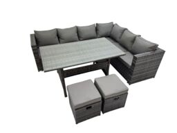 Fimous 8 Seater Patio Dining Corner Sofa Sets with 2 Small Footstools in Dark Grey - thumbnail 1