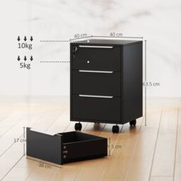 HOMCOM Modern 3-Drawer Locking File Cabinet Mobile Filing Cabinet in Black - thumbnail 3