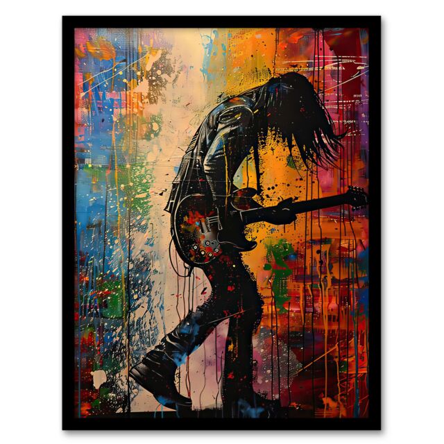 Artery8 Grunge Rock Music Guitarist Colourful Portrait Framed Art Print - Size: A4 - image 1
