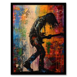 Artery8 Grunge Rock Music Guitarist Colourful Portrait Framed Art Print - Size: A4 - thumbnail 1