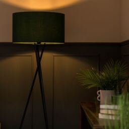 ValueLights Camden Black Metal Tripod Floor Lamp with Forest Green Drum Lamp Shade in Bottle Green - thumbnail 2
