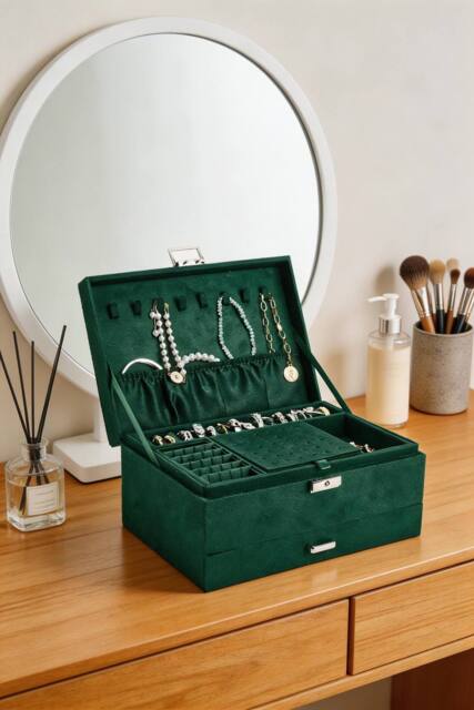 ExtraStar 3-Tier Velvet Jewellery Box with Lock in Dark Green - image 1
