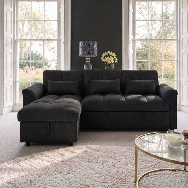Sofaya Arlo Sofa Bed Linen Universal Convertible L Shape Corner Chaise in Black - Size: 3 Seater - image 1