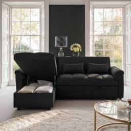 Sofaya Arlo Sofa Bed Linen Universal Convertible L Shape Corner Chaise in Black - Size: 3 Seater - thumbnail 4