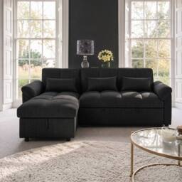 Sofaya Arlo Sofa Bed Linen Universal Convertible L Shape Corner Chaise in Black - Size: 3 Seater
