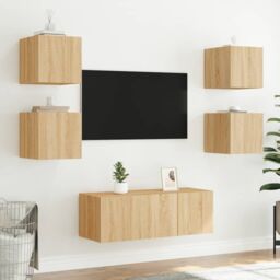 Berkfield Home TV Wall Cabinets with LED Lights 2 pcs Sonoma Oak 30.5x35x30 cm in Brown - thumbnail 5