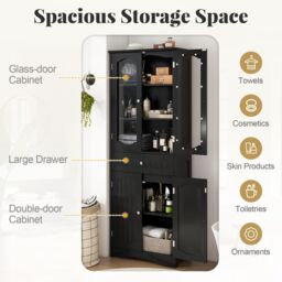 Gymax 160cm Tall Bathroom Cabinet With 2 Glass Doors & Adjustable Shelves in Black - thumbnail 5