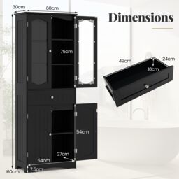 Gymax 160cm Tall Bathroom Cabinet With 2 Glass Doors & Adjustable Shelves in Black - thumbnail 4