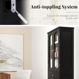 Gymax 160cm Tall Bathroom Cabinet With 2 Glass Doors & Adjustable Shelves in Black - thumbnail 3