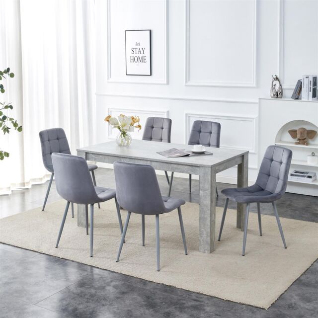KOSY KOALA Modern Stone Grey Effect Dining Table Set With 6 Velvet Chairs Dining Room Furniture Set in Brown - image 1