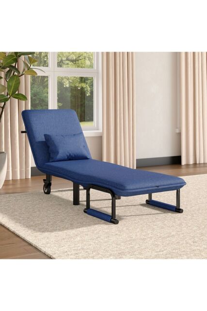 Blue 3-in-1 Linen Lounge & Sofa Bed with Pillow in Dark Blue - image 1