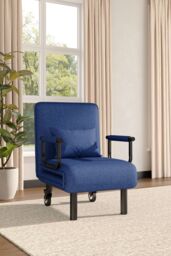 Blue 3-in-1 Linen Lounge & Sofa Bed with Pillow in Dark Blue - thumbnail 2