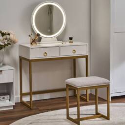 Wyld and Coco Dressing Table - White MDF with Gold Accents LED Mirror and 4 Drawers - thumbnail 1