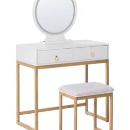 Wyld and Coco Dressing Table - White MDF with Gold Accents LED Mirror and 4 Drawers - thumbnail 2