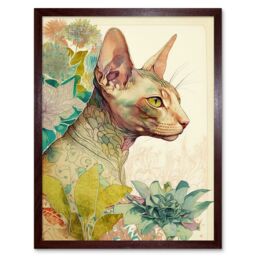 "Artery8 Wall Art Print Sphynx Cat with Floral Tattoo in Flower Blooms Colourful Modern Watercolour Art Framed in Brown - Size: W12"" x H16""" - thumbnail 1