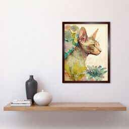 "Artery8 Wall Art Print Sphynx Cat with Floral Tattoo in Flower Blooms Colourful Modern Watercolour Art Framed in Brown - Size: W12"" x H16""" - thumbnail 2