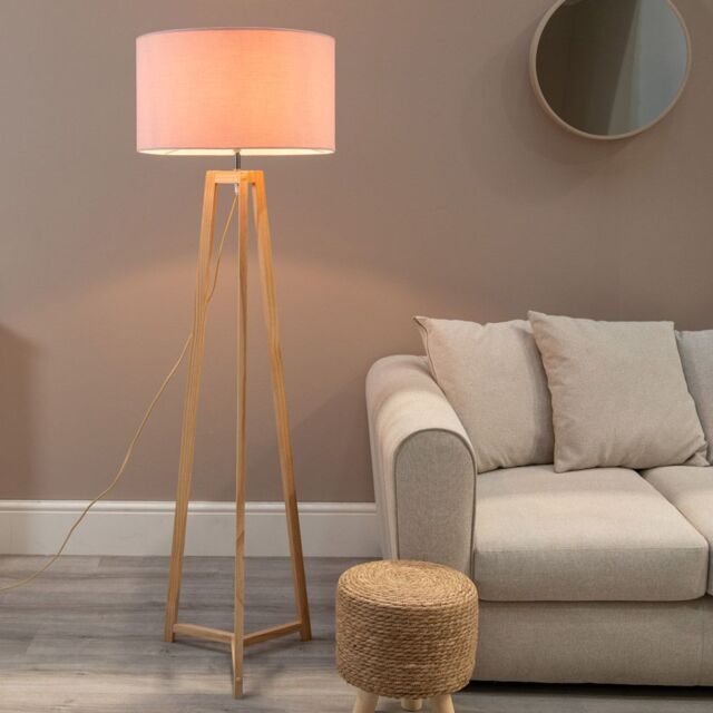 ValueLights Lottie Natural Wood Tripod Floor Lamp with Fabric Drum Shade & LED Bulb in Pink - image 1
