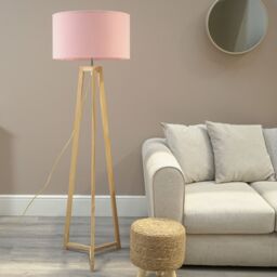 ValueLights Lottie Natural Wood Tripod Floor Lamp with Fabric Drum Shade & LED Bulb in Pink - thumbnail 3