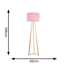 ValueLights Lottie Natural Wood Tripod Floor Lamp with Fabric Drum Shade & LED Bulb in Pink - thumbnail 4