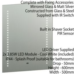 Loops 2 PACK IP44 LED Bathroom Mirror 60cm x 50cm Vanity Light Motion Switch & Shaver - Size: 60 cm x 50 cm - thumbnail 3