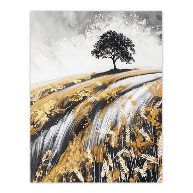 "Artery8 Tree in Golden Field of Wheat Painting Landscape Wall Art Print in Mustard - Size: W24"" x H32""" - image 1