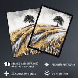 "Artery8 Tree in Golden Field of Wheat Painting Landscape Wall Art Print in Mustard - Size: W24"" x H32""" - thumbnail 2