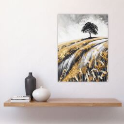 "Artery8 Tree in Golden Field of Wheat Painting Landscape Wall Art Print in Mustard - Size: W24"" x H32""" - thumbnail 4