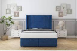 "Comfort Beds Elise Plush Ottoman Bed Base-54"" Wingback Headboard in Navy - Size: Small Single"