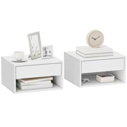 HOMCOM Floating Nightstands Set of 2, Bedside Table w/ Drawer & Open Shelf in White - thumbnail 2