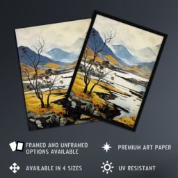 Artery8 Scottish Highlands In Autumn Oil Painting Ochre Blue Misty Mountains & Serene Lake Large Wall Unframed Art Poster Print Thick Paper 18X24 - thumbnail 2