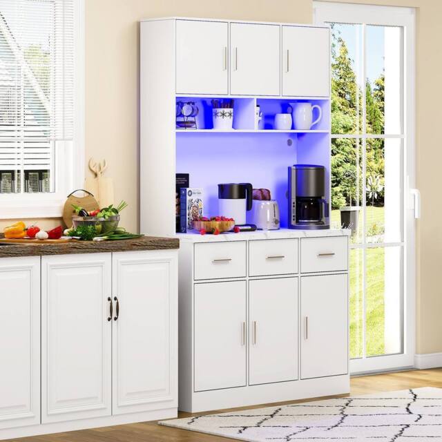 BTM Kitchen Tall Cabinet Pantry LED Charging Station Storage Cupboard in White - image 1