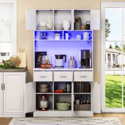 BTM Kitchen Tall Cabinet Pantry LED Charging Station Storage Cupboard in White - thumbnail 2