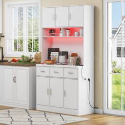 BTM Kitchen Tall Cabinet Pantry LED Charging Station Storage Cupboard in White - thumbnail 3
