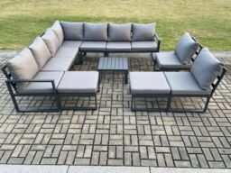 Fimous 11 Seater Patio Outdoor Garden Furniture Aluminium Lounge Corner Sofa Set with Square Coffee Table with 2 Big Footstools Dark Grey - thumbnail 2