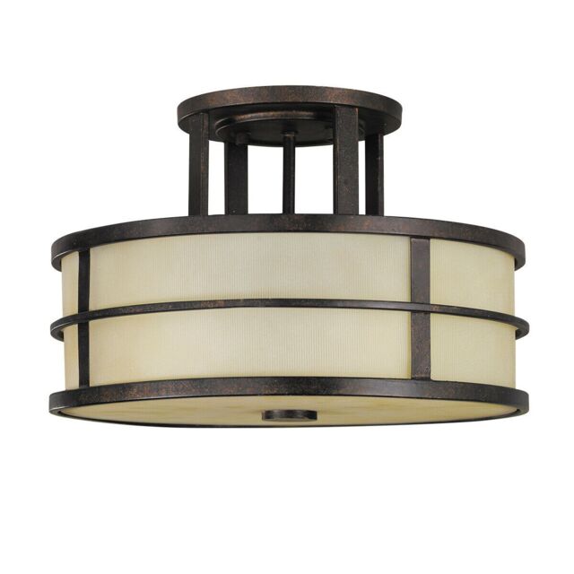 Loops 3 Bulb Semi Flush Light Amber Ribbed Glass Shade Grecian Bronze LED E27 60W in Clear
