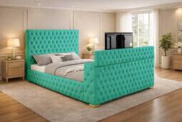 PARADISE BEDS LTD Mariana Chesterfield Upholstered TV Bed Frame With Gas Lift Storage in Teal - Size: Super King