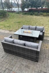 Fimous 6 Seater Outdoor PE Rattan Garden Furniture Gas Fire Pit Dining Table Set Lounge Sofa 3 Seater Sofa in Dark Grey - thumbnail 1