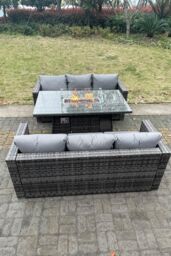 Fimous 6 Seater Outdoor PE Rattan Garden Furniture Gas Fire Pit Dining Table Set Lounge Sofa 3 Seater Sofa in Dark Grey - thumbnail 3